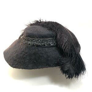 Antique Edwardian Wide Brim 20” Black Beaver Picture Hat Feather & Sequin Trim